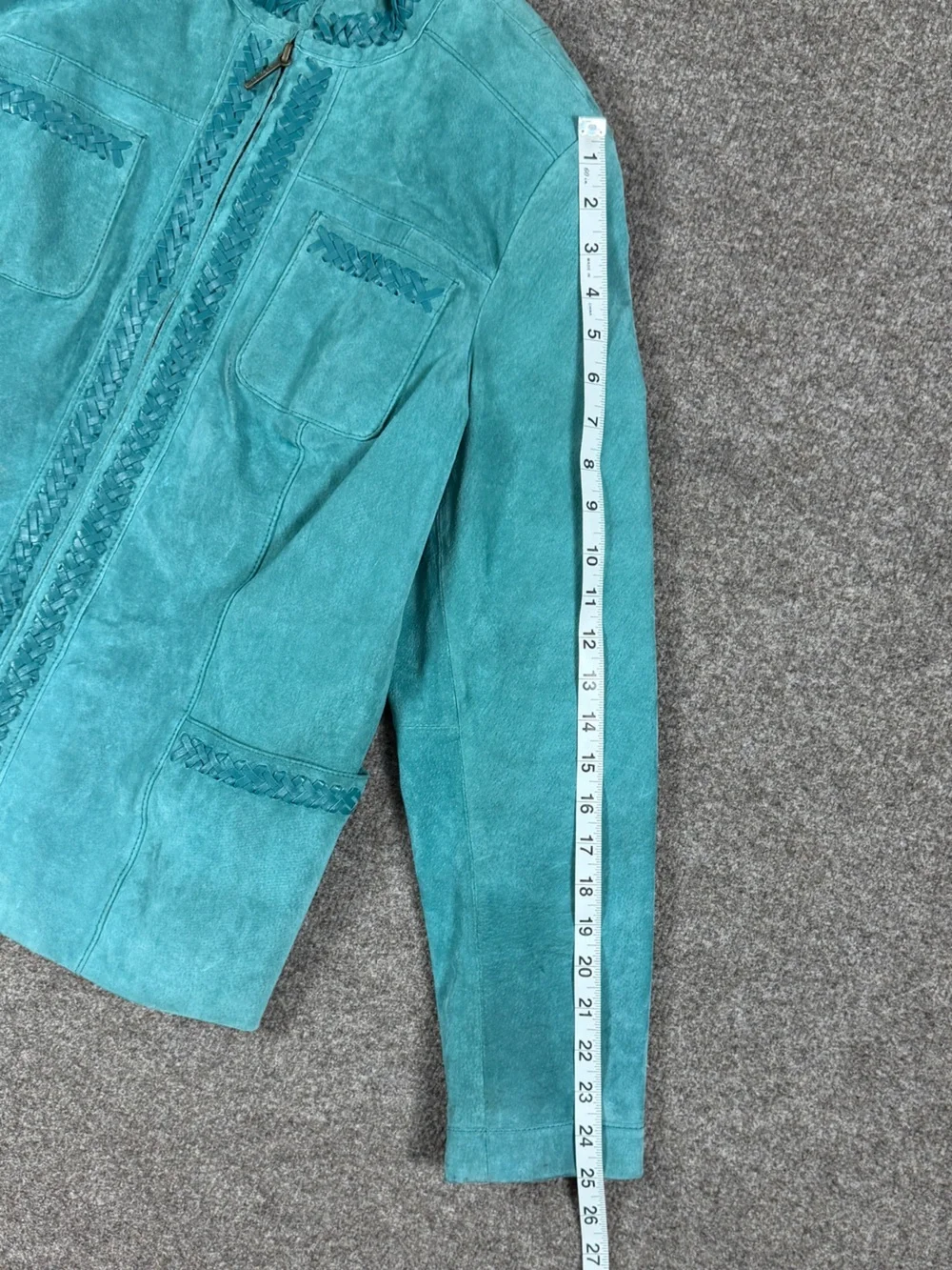Y2K Bradley Teal Blue Suede Leather Jacket Women’s M Mandarin Collar Woven Trim - Picture 13 of 16